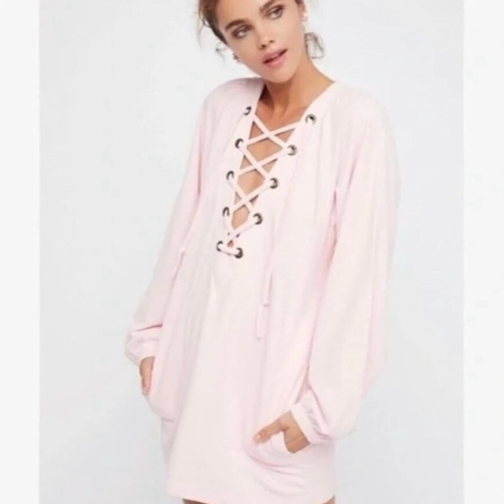 Free People Wellington Lace-Up Tunic Mini Dress Sweatshirt Pink Large